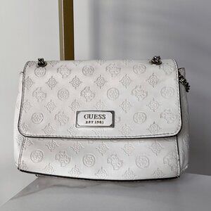 GUESS White Embossed Logo Shoulder Bag with Chain Strap